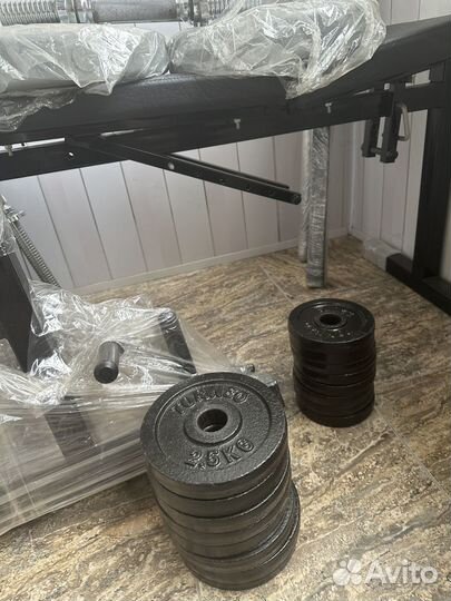 Скамья, стойки, штанга, гантели, блины Torneo