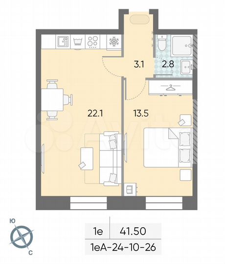 1-к. квартира, 41,5 м², 26/28 эт.