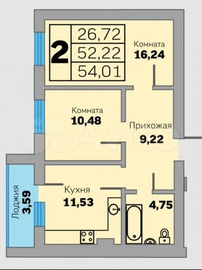 2-к. квартира, 54 м², 1/9 эт.