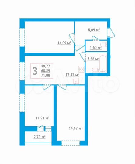 3-к. квартира, 71,1 м², 2/8 эт.