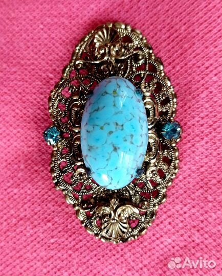 Брошь бирюза лазурит/винтаж, филигрань латунь