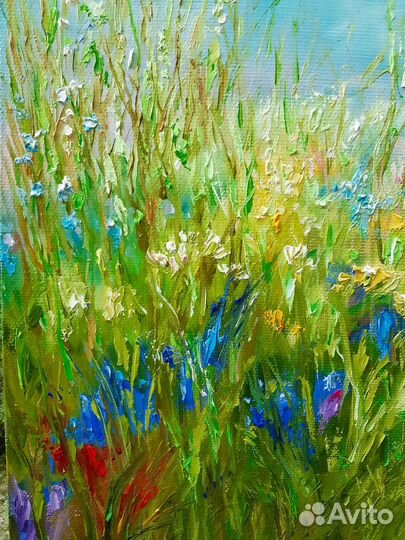 Картина летний пейзаж Разнотравье ромашки маки