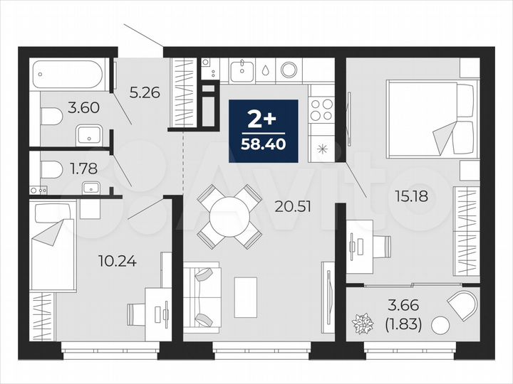 2-к. квартира, 58,4 м², 5/22 эт.