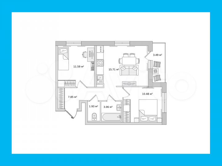 2-к. квартира, 51,4 м², 19/22 эт.