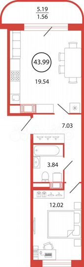 1-к. квартира, 44 м², 3/12 эт.