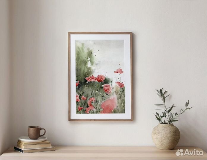 Картина цветы маки акварель 42 х 30 см
