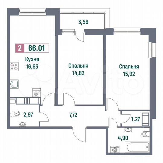 2-к. квартира, 66 м², 4/16 эт.