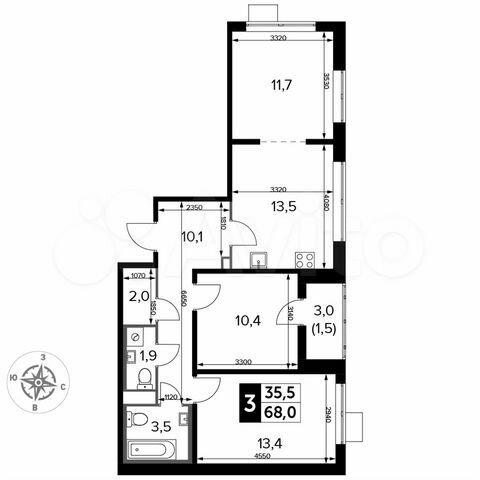 3-к. квартира, 68 м², 24/24 эт.