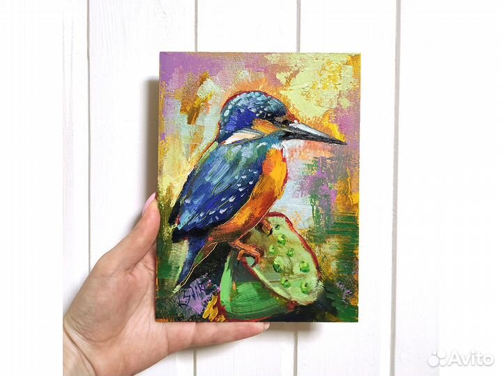 Картина птица зимородок, миниатюра маслом 20х15 см