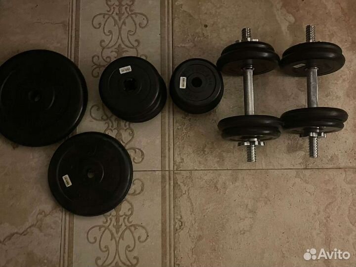 Скамья со стойками + гриф + гантели и блины