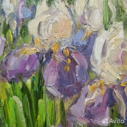 Картина маслом ирисы миниатюра цветы