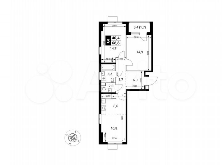 3-к. квартира, 68,8 м², 11/12 эт.