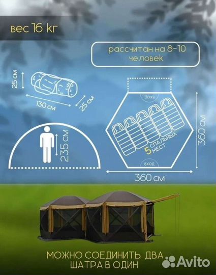 Шестиугольный шатер mir-2905TD два входа