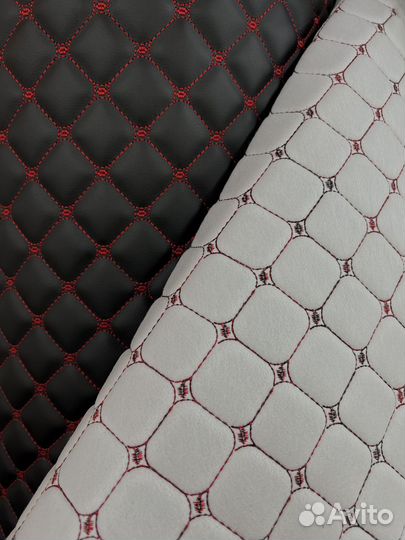 Стеганая экокожа черная красный квадрат