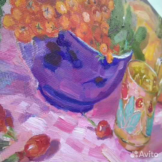 Картина маслом на холсте рябина и тыква, натюрморт