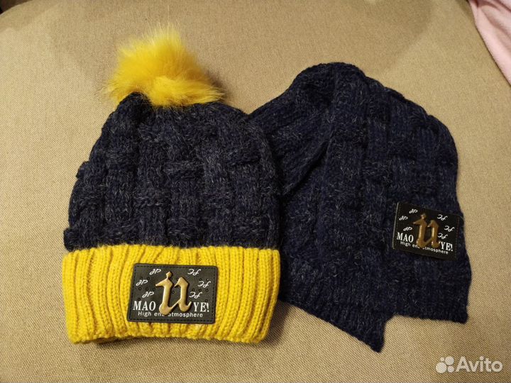 Новая зимняя детская шапка с шарфом в коробке