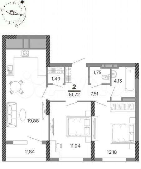 2-к. квартира, 61,8 м², 12/24 эт.