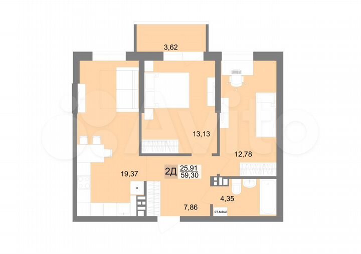 2-к. квартира, 59,3 м², 3/19 эт.