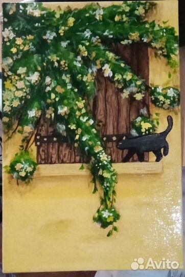 Ветвь с цветами и чёрным котом