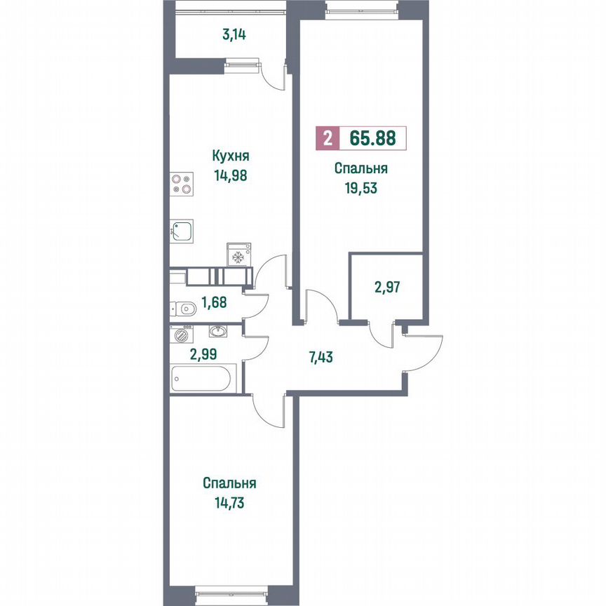2-к. квартира, 65,9 м², 7/16 эт.