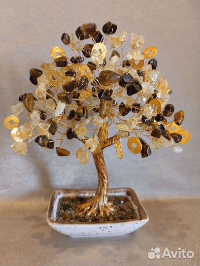 Дерево счастья из цитрина, тиг.глаза с монетками