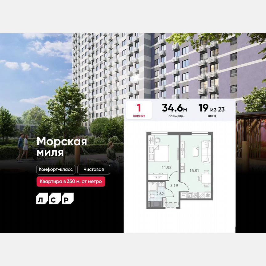 1-к. квартира, 34,6 м², 19/23 эт.