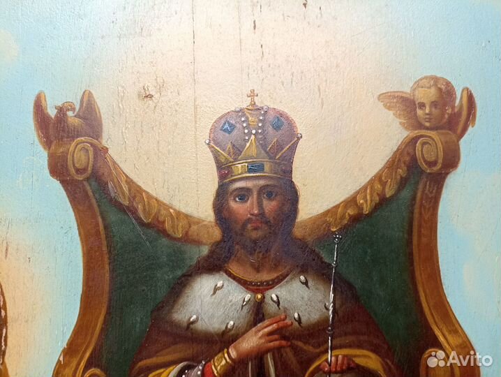 Икона старинная спас на троне. Киот