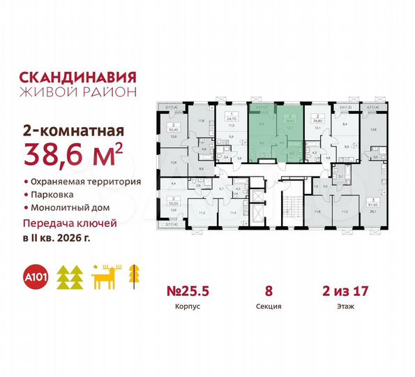 2-к. квартира, 38,6 м², 2/17 эт.