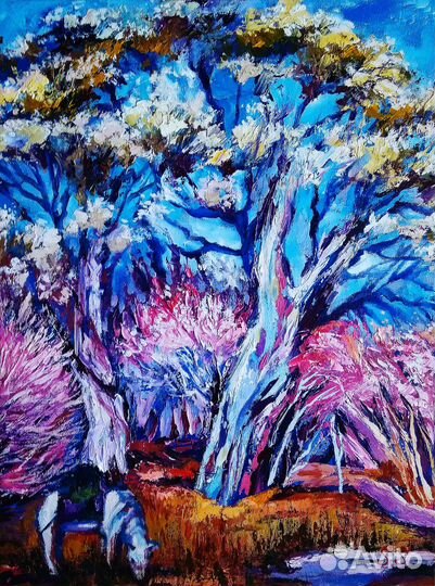 Картина маслом н/холсте сакура лошадь пейзаж весна