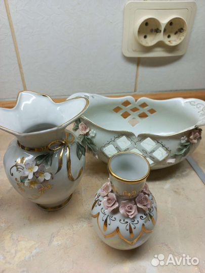 Лфз Золотая ромашка, кобальт тарелки, вазы