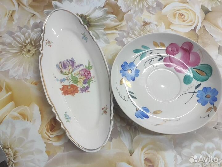 Дулево фарфор селедочница, блюдце розы