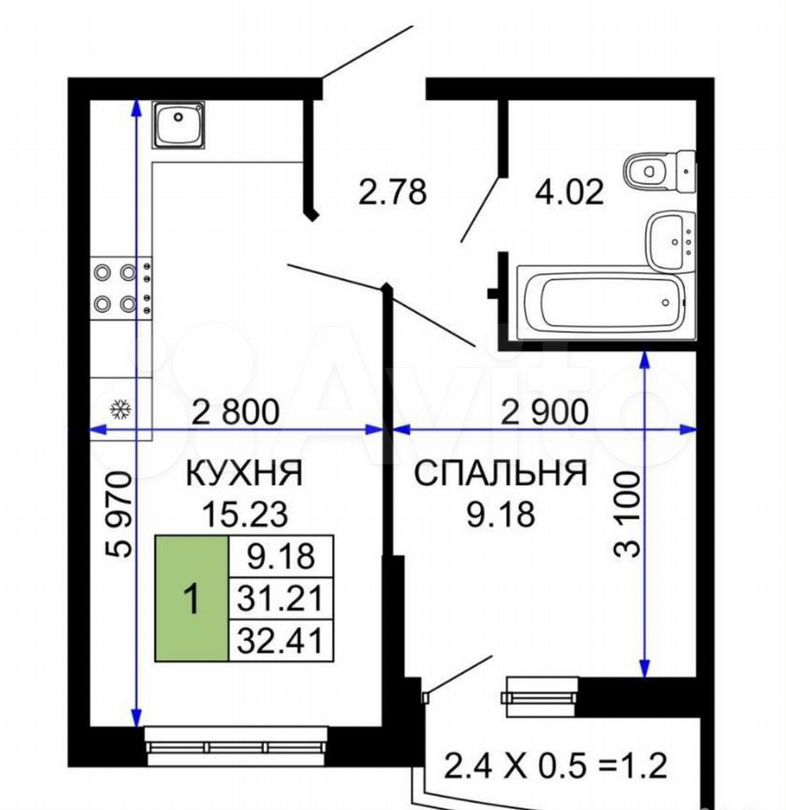 Своб. планировка, 32,4 м², 2/20 эт.