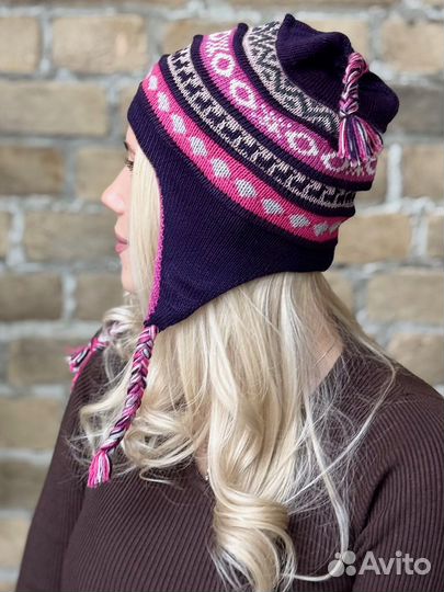 Женская шапка двусторонняя с ушками зимняя Чульо 100% альпака цвет розовый-фуксия