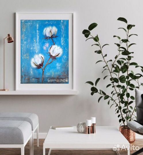 Картина маслом Хлопок, цветы хлопка интерьерная