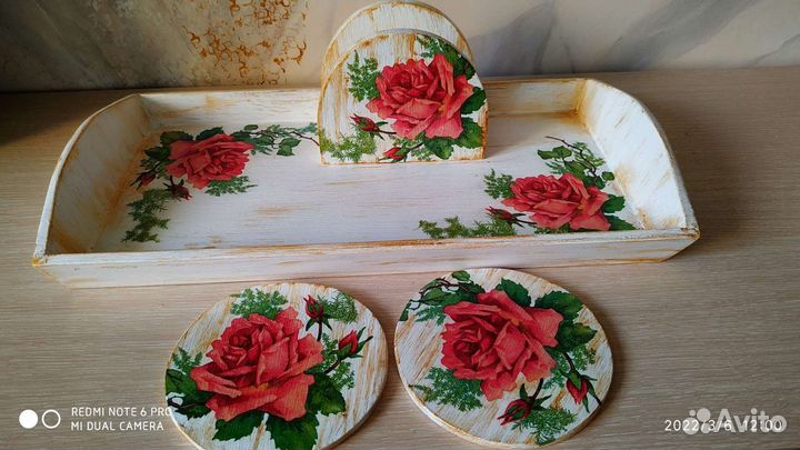 Набор салфетница с подставками под чашки и поднос