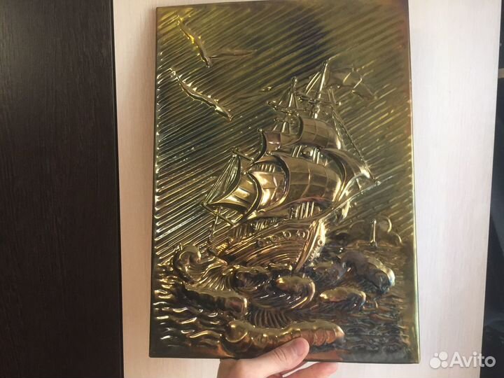 Чеканка медная СССР Корабль море