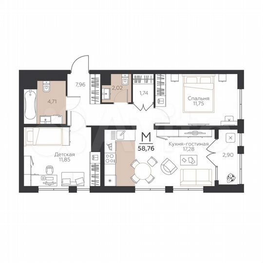 2-к. квартира, 58,8 м², 5/5 эт.