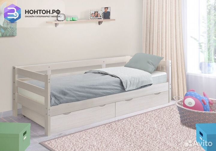 Кровать Норка с ящиками выбеленная береза