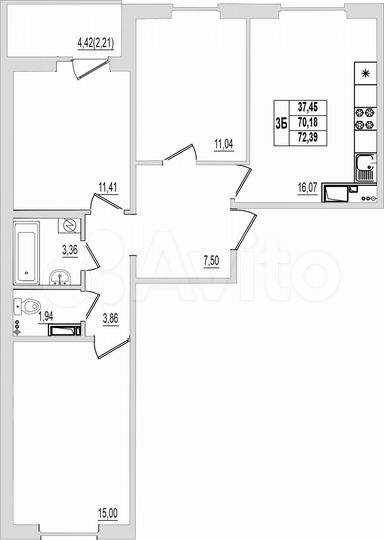 3-к. квартира, 72,4 м², 8/9 эт.