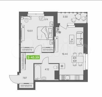 1-к. квартира, 43,6 м², 4/8 эт.