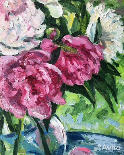 Картина маслом. Букет пионов после дождя