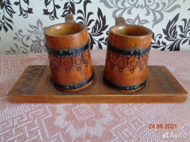 Кружки, стаканы, бочонок из дерева СССР