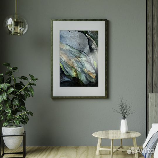 Зелёная картина-абстракция в интерьер, флюид-арт