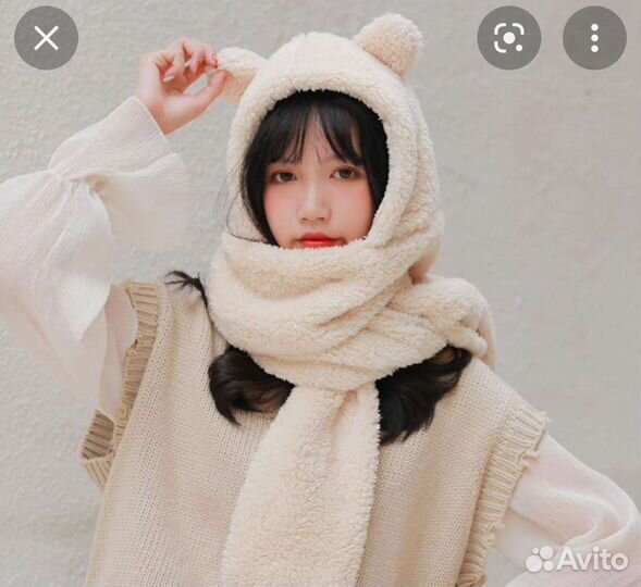 Женская шапка -шарф с ушками и ворежками