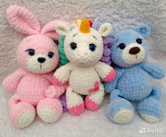 Вязаная игрушка. Единорожка, Зайка, Тигр, Мишка