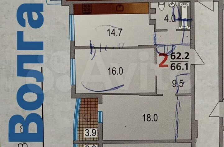 2-к. квартира, 62,2 м², 6/10 эт.