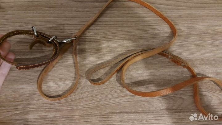 Кожаный ошейник и поводок для собак новый