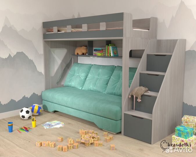 Кровать двухярусная и ступени комод