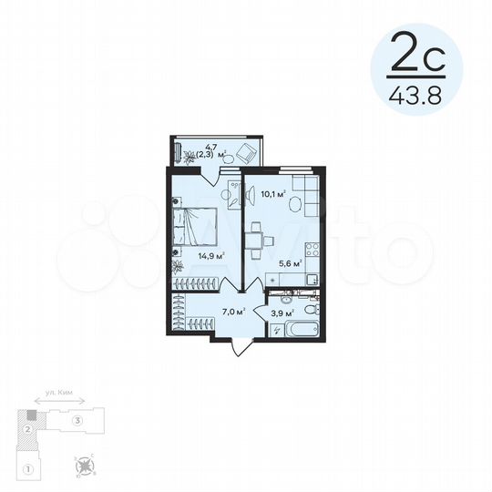 2-к. квартира, 43,8 м², 8/12 эт.