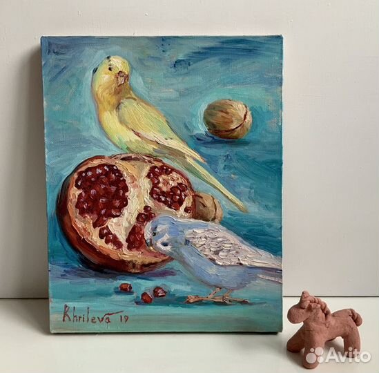 Картина птицы Попугаи с гранатом маслом 30х24